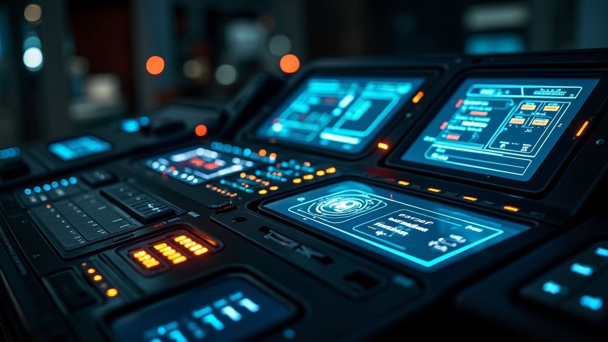 Futuristisches Steuerpanel eines Raumschiffs mit leuchtenden Tasten.