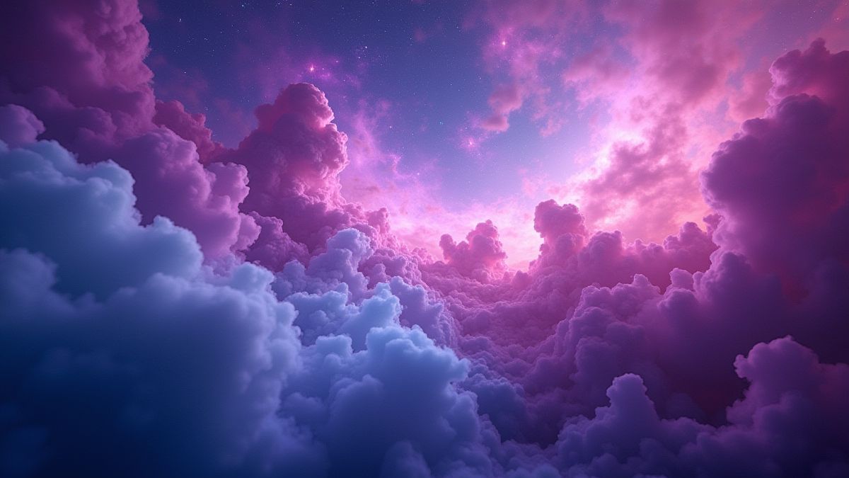 A cosmic nebula with colorful swirls of purple, blue, and pink gas clouds.