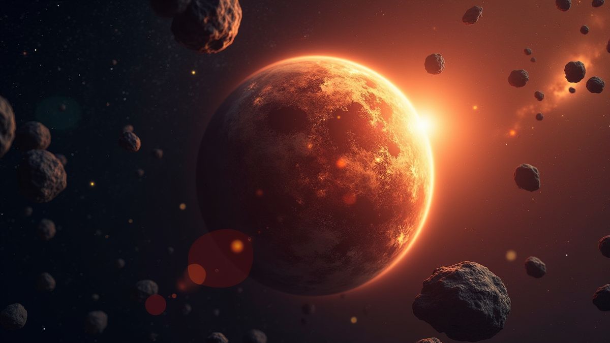 Un planeta brillante rodeado de asteroides en el espacio.