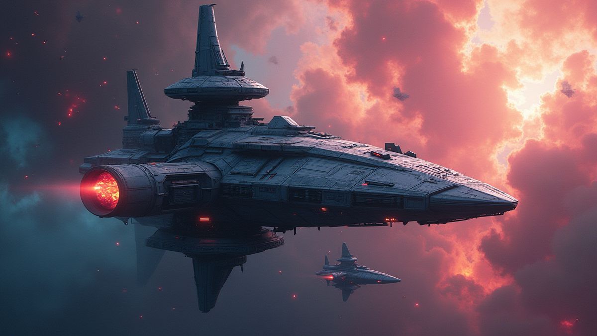 Una estación espacial futurista cerca de una nebulosa colorida.