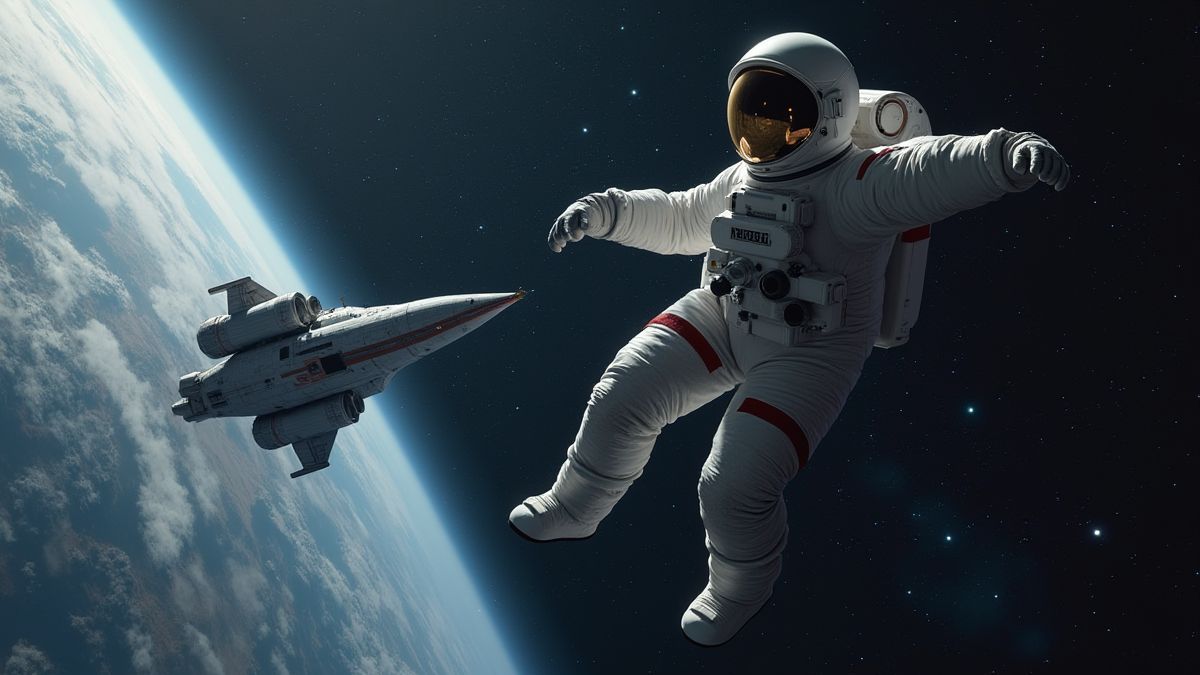 Un astronauta flotando en el espacio cerca de una nave espacial.