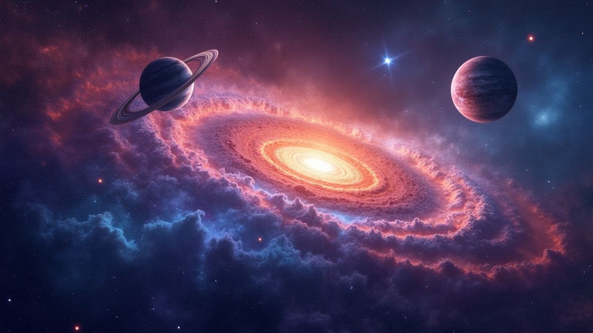 Una galaxia colorida con planetas y estrellas.