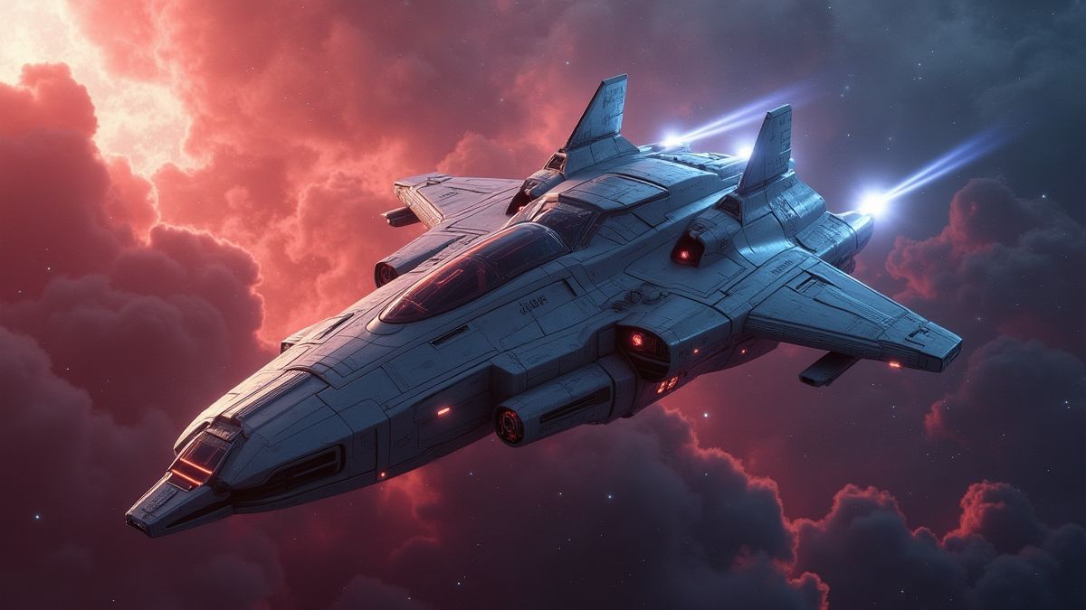 Nave espacial futurista volando a través de una nebulosa.