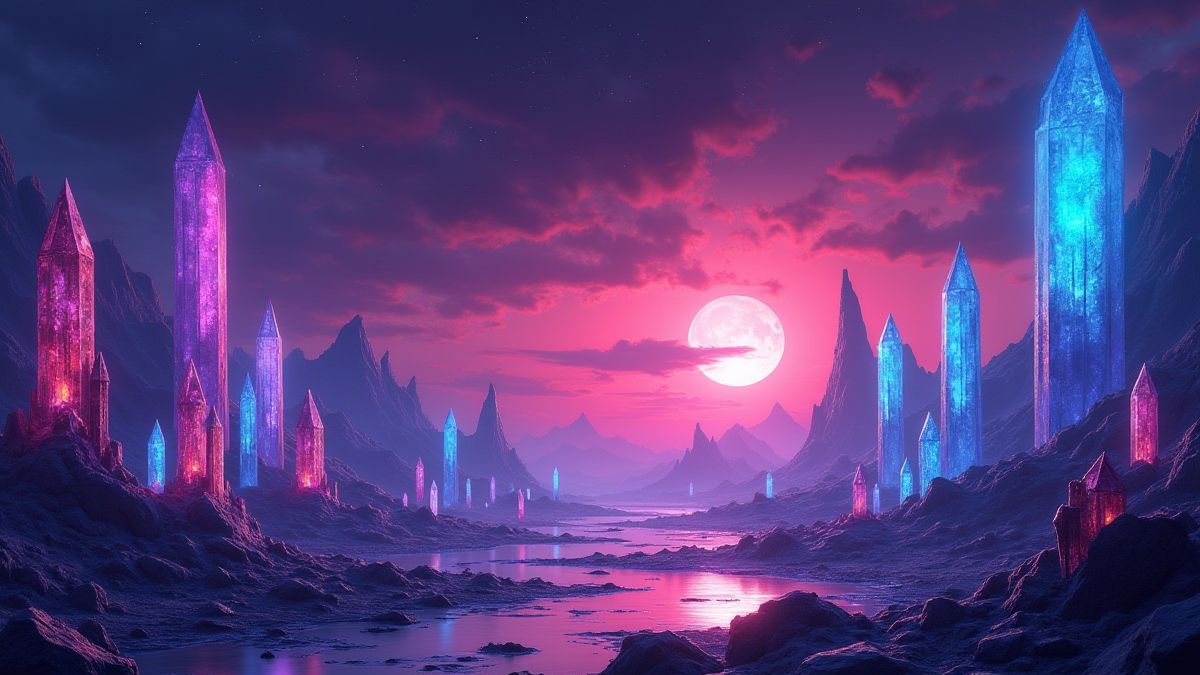 Een vibrante buitenaardse landschap met gloeiende kristallen en futuristische structuren.