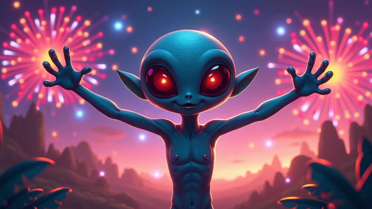 Een buitenaards wezen dat een jackpotwinst viert met kleurrijke vuurwerk op de achtergrond.