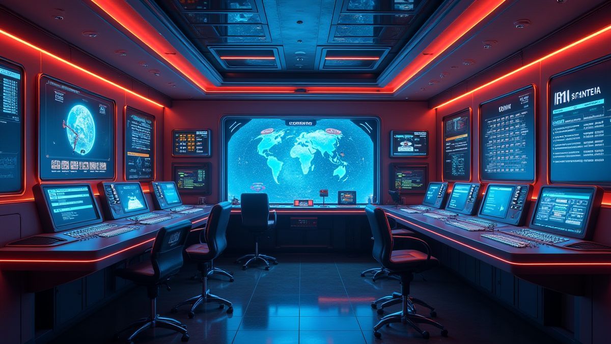 Futuristische controlekamer met een slotmachine-interface.