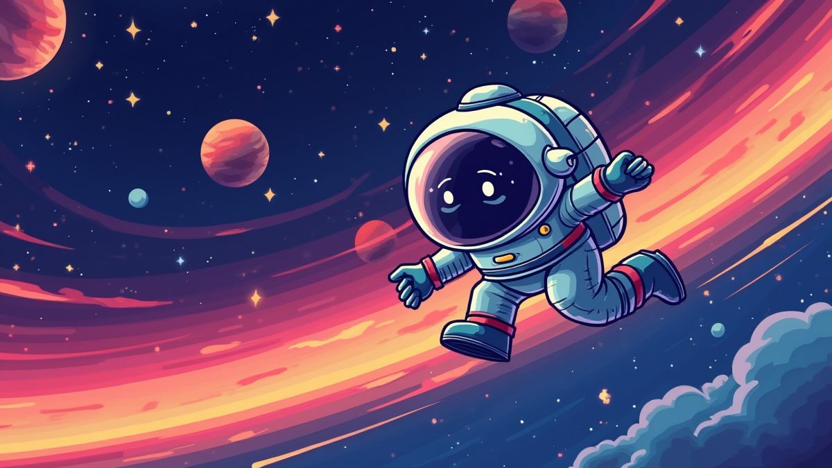 Ein Astronaut, der durch eine Galaxie voller Sterne und Planeten fliegt.