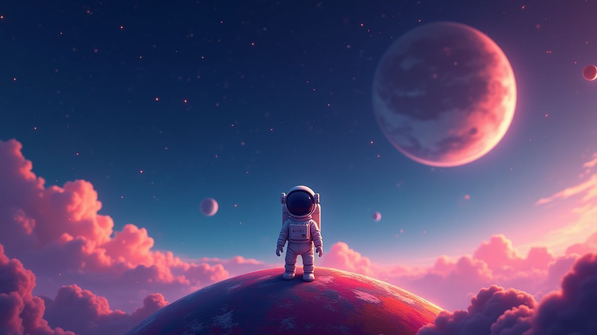 Kleiner Astronaut auf einem bunten Planeten mit einem sternenübersäten Himmel.