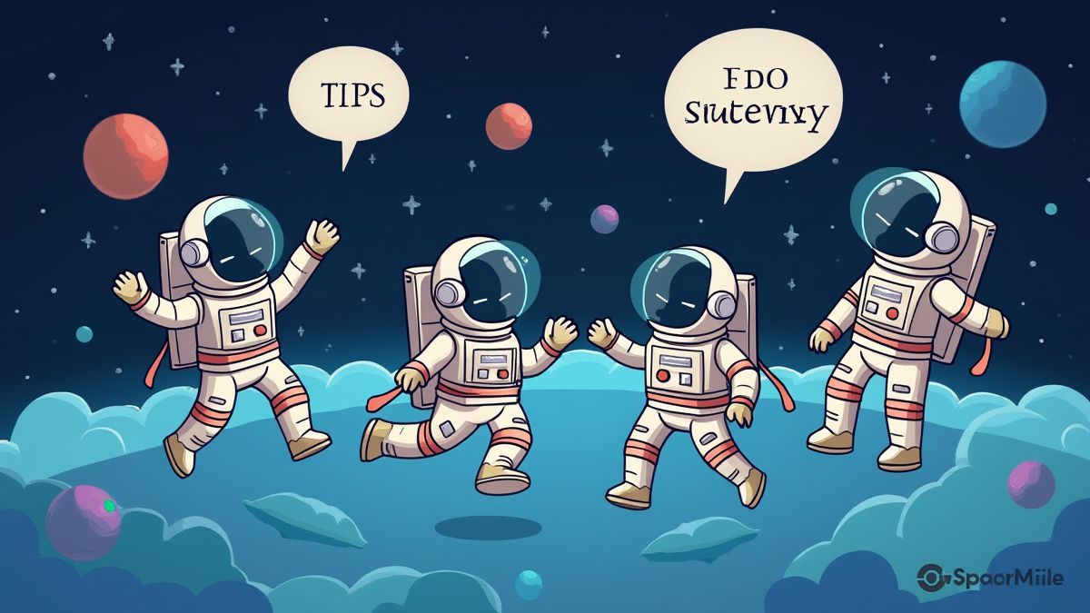 Gruppe von Astronauten, die im Weltraum schweben und Strategien austauschen.