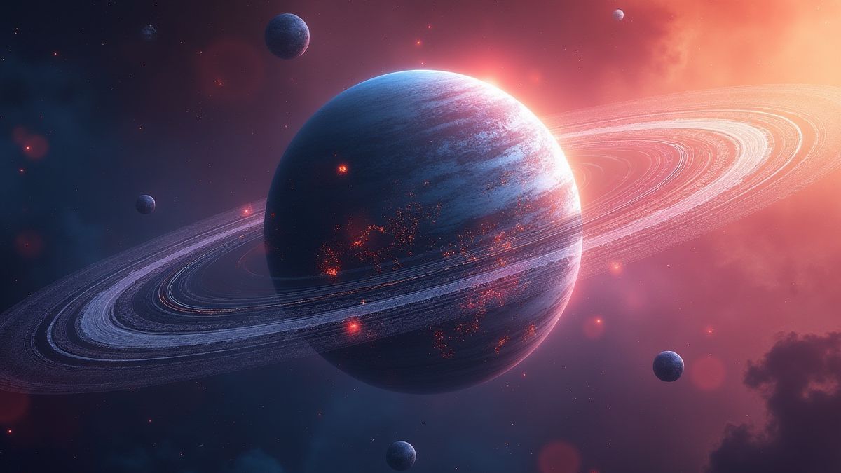 Estación espacial futurista orbitando un planeta con anillos