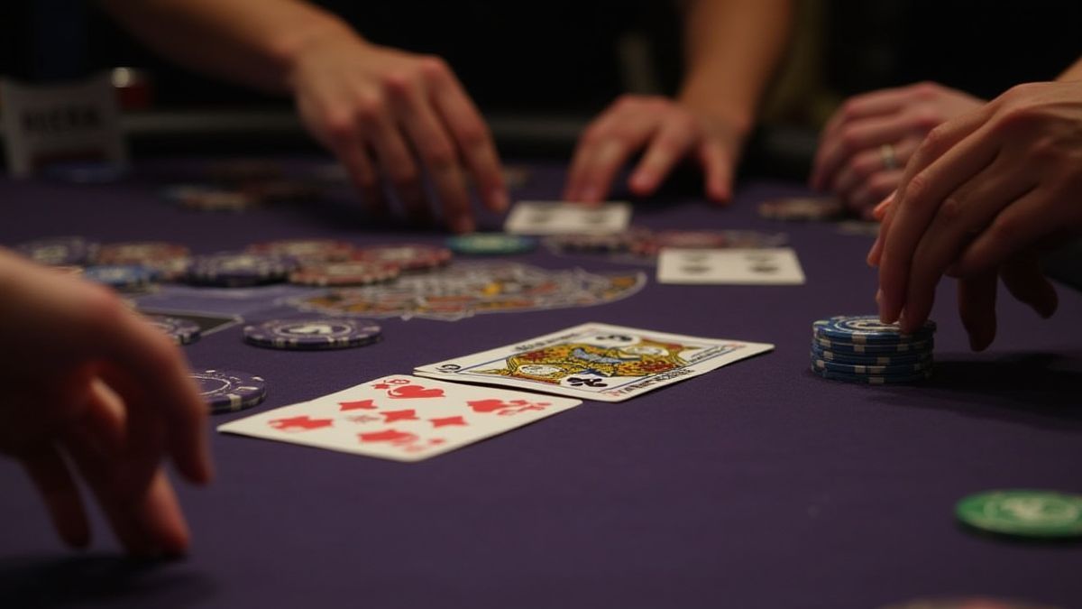 Mesa de blackjack com fichas e cartas, rodeada de jogadores.