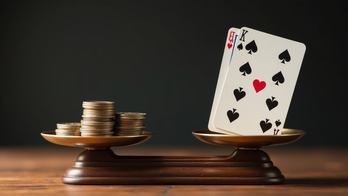 Uma balança com moedas de um lado e cartas do outro.