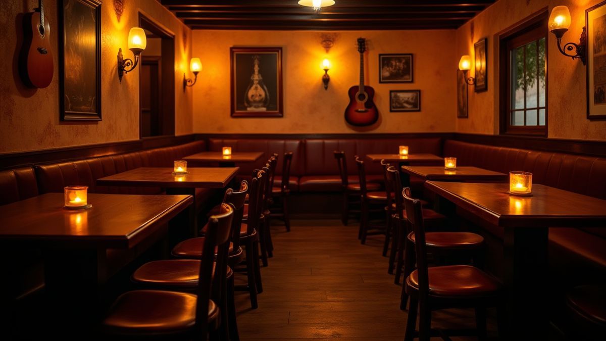 Interior of a cozy Spanish bar with wooden floor and candles.