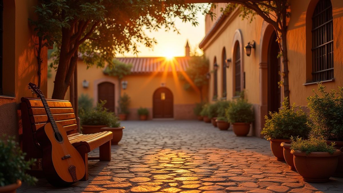 Spanish courtyard at sunset with a guitar resting on a bench.