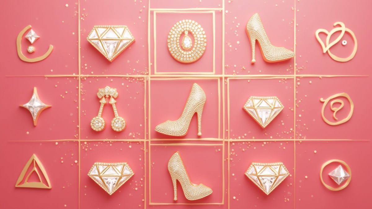 Rejilla 3x3 con símbolos brillantes sobre fondo rosa y dorado.