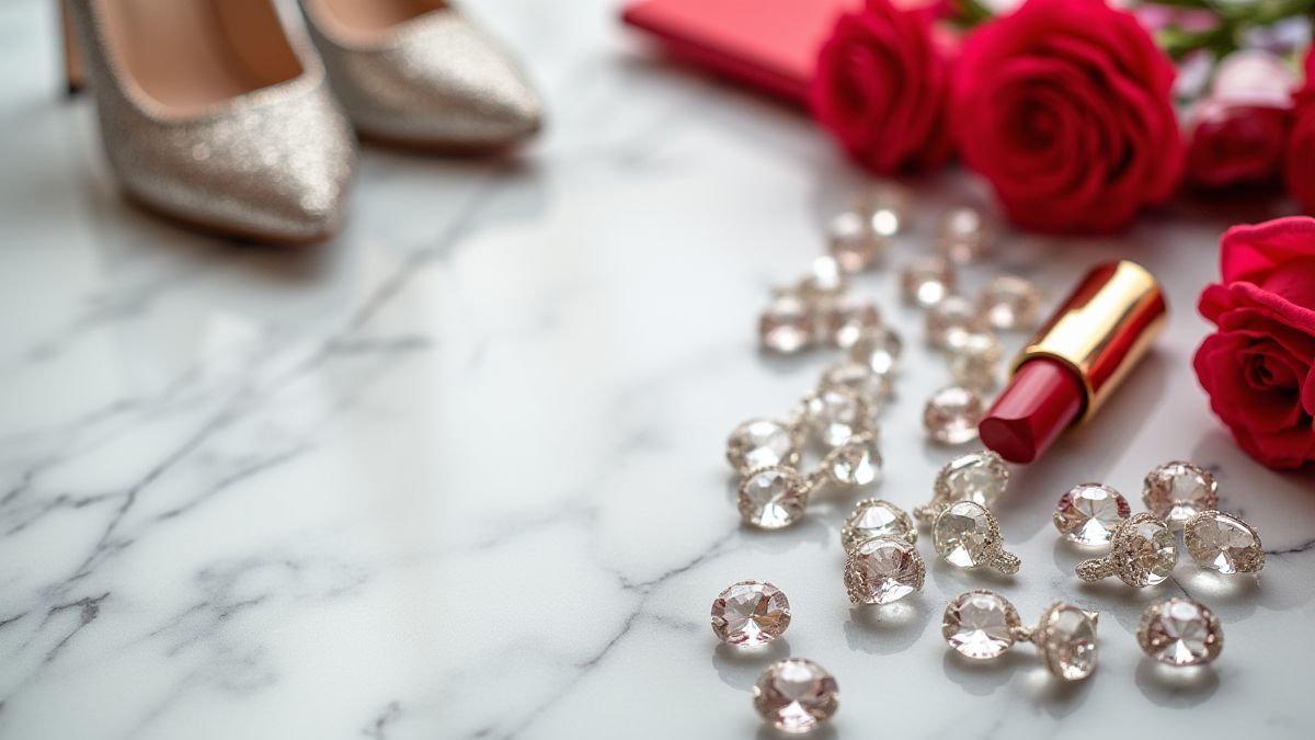 Objetos glamorosos como diamantes y tacones sobre una mesa de mármol.