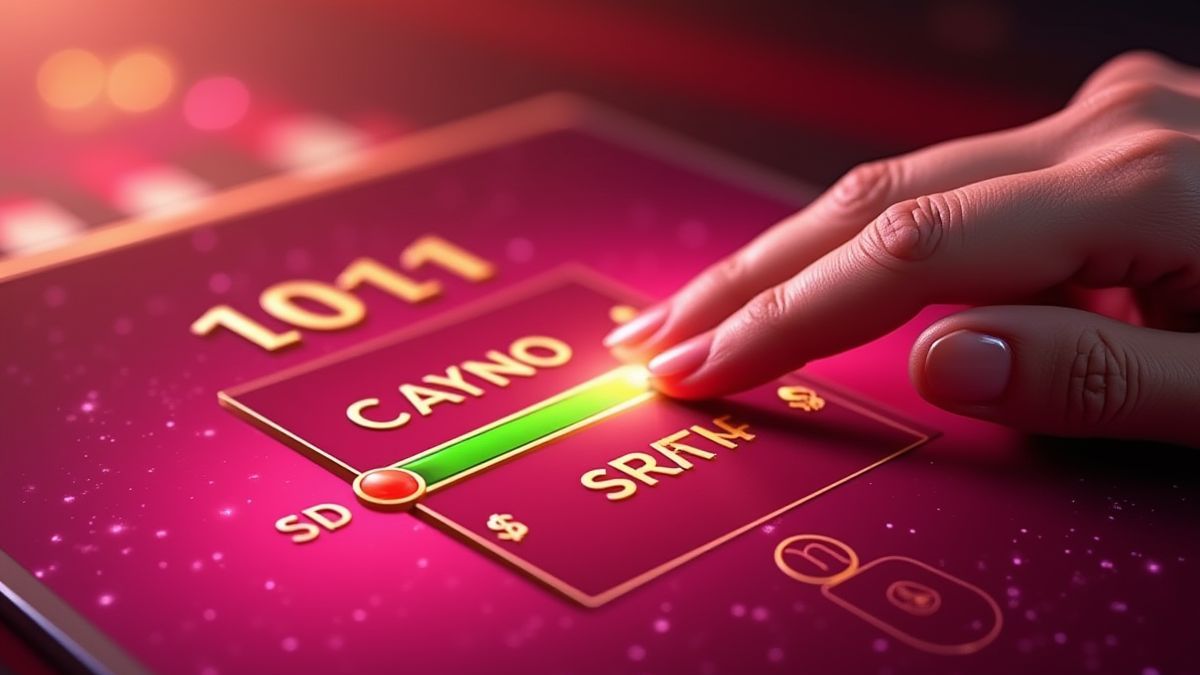 Mano ajustando la apuesta en una pantalla de casino rosa y dorada.