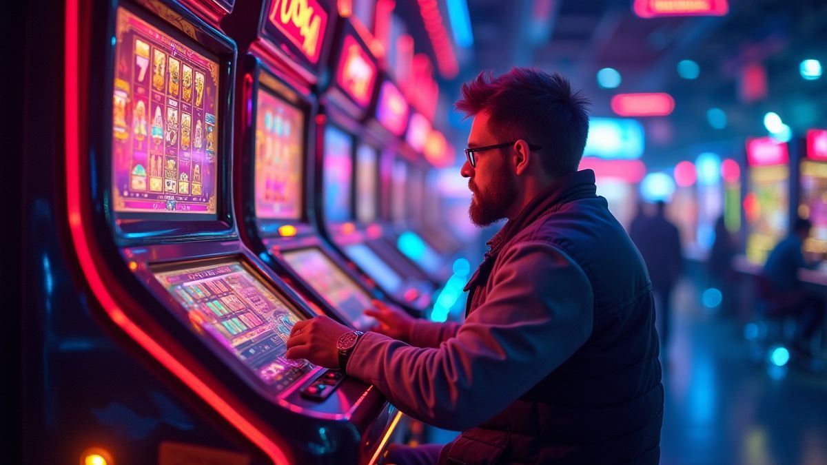 Neon sparks surrounding a slot player in a futuristic arcade.