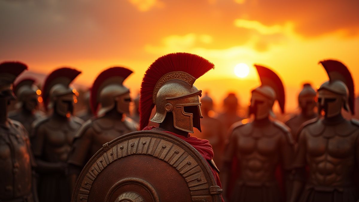 Escudos y cascos griegos al atardecer.