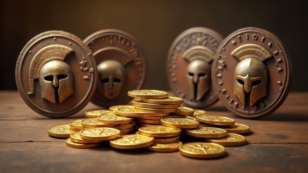 Monedas de oro y escudos espartanos en una mesa.