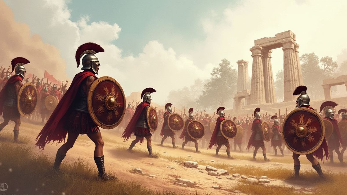 Guerreros espartanos en un campo de batalla con ruinas antiguas.