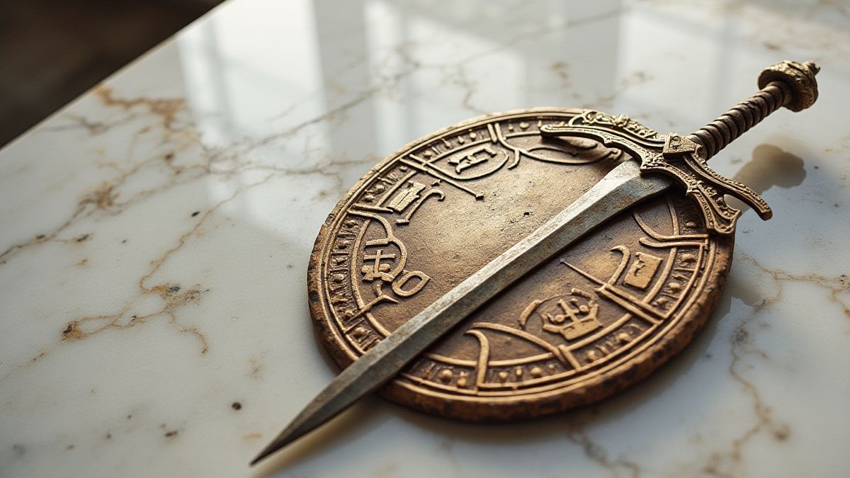 Escudo y espada romana sobre una mesa de mármol.