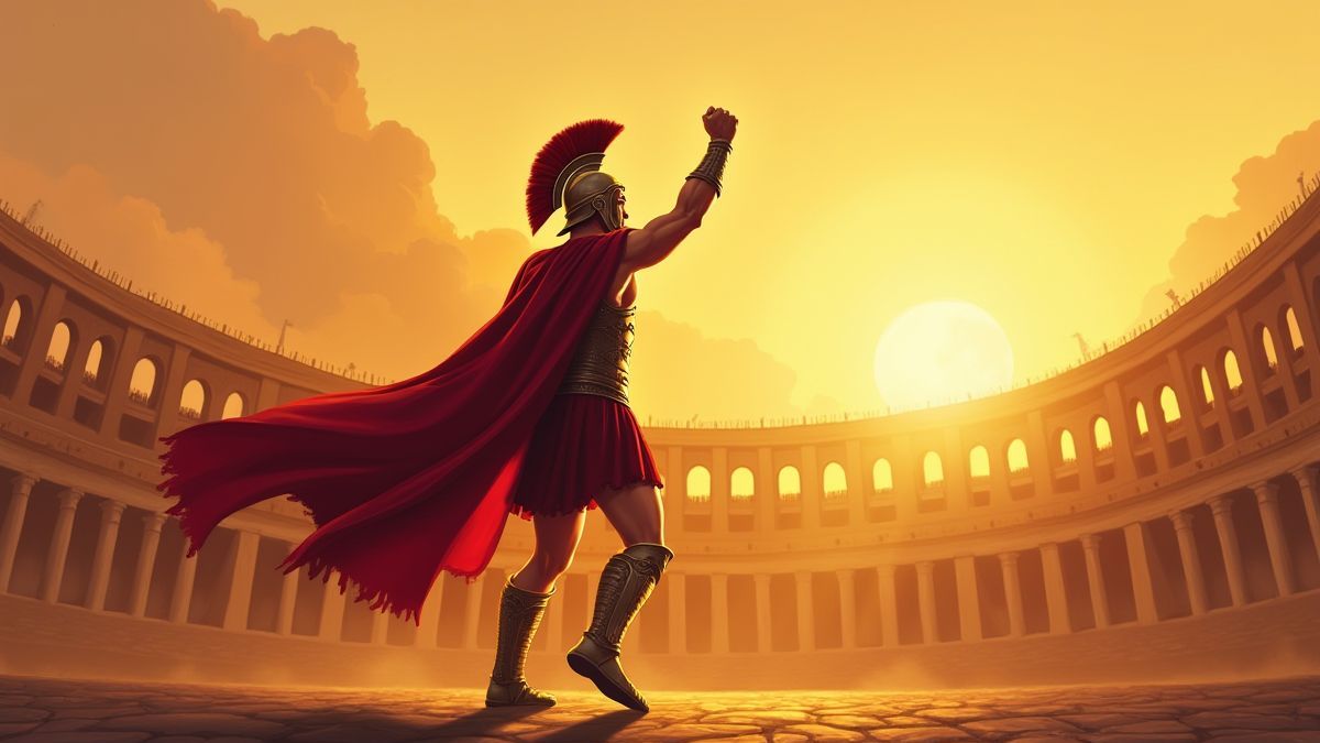 Gladiador romano celebrando bajo un cielo dorado.