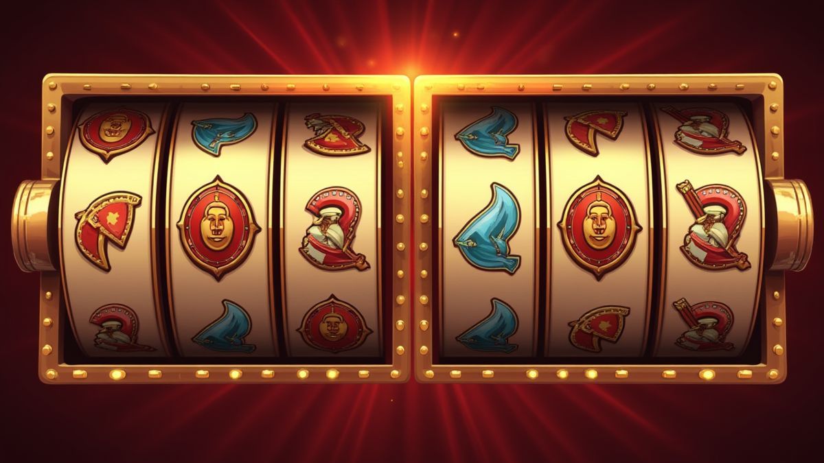 Zwei Walzensets von Spielautomaten mit Symbolen von Gladiatoren, Schilden und Schwertern.