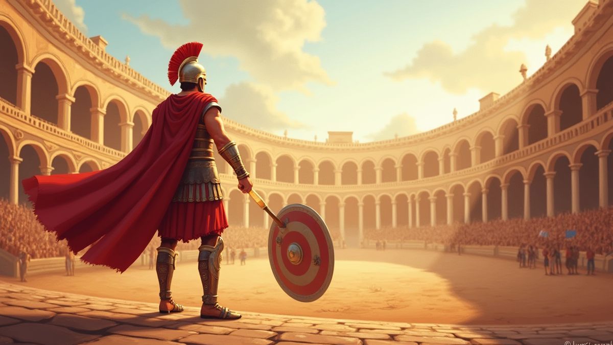 Ein triumphierender römischer Gladiator in einer grandiosen Arena.