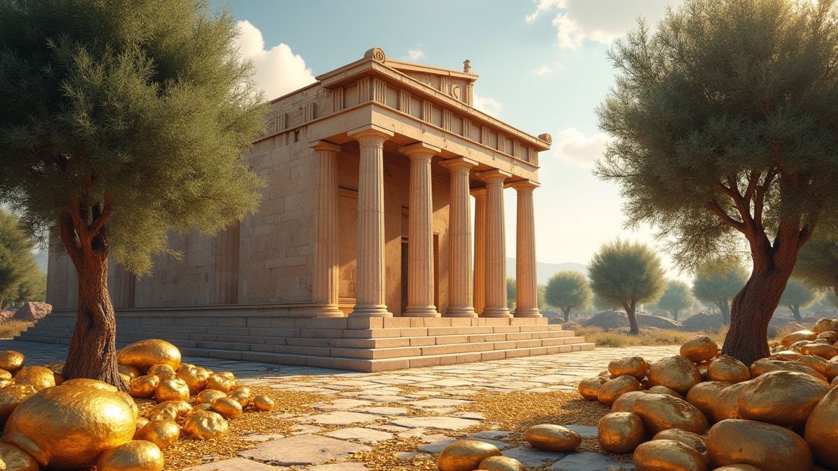 Ein griechischer Tempel umgeben von Olivenbäumen und goldenen Schätzen.
