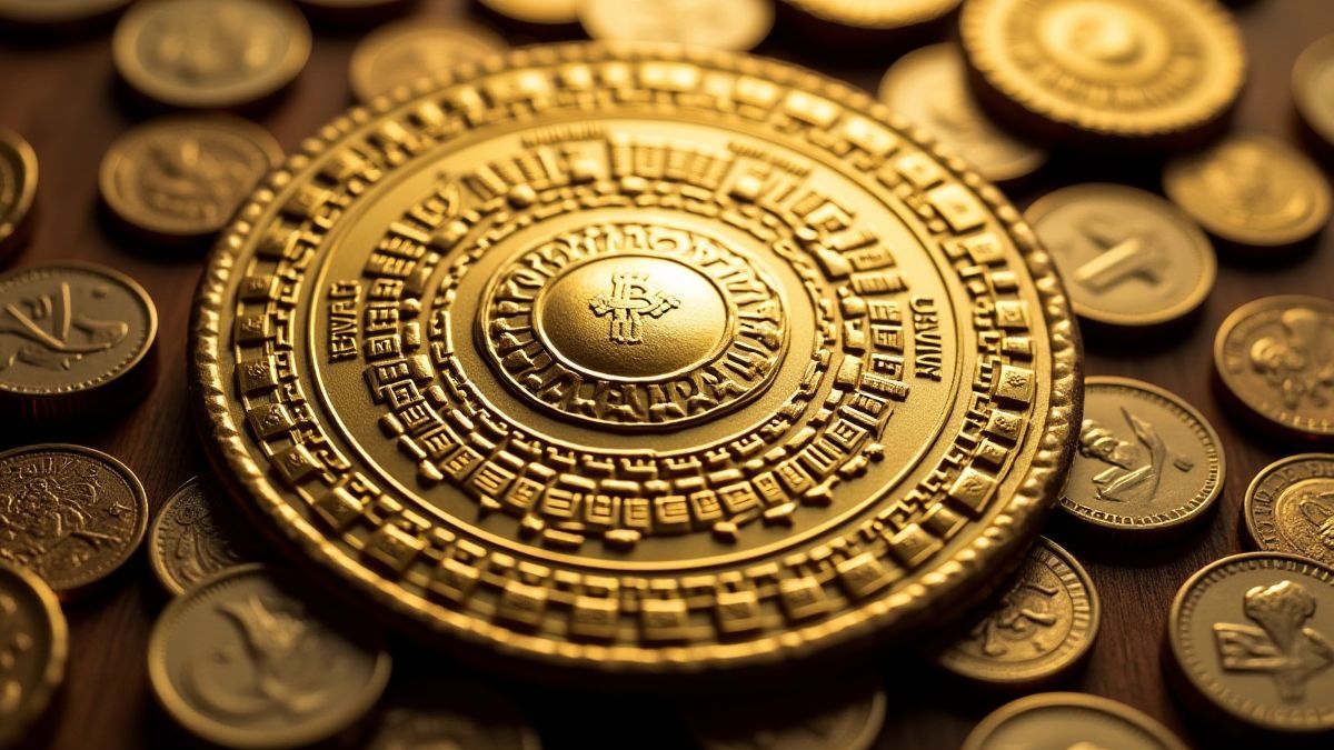 Ein goldenes Schild mit griechischen Designs umgeben von Münzen.