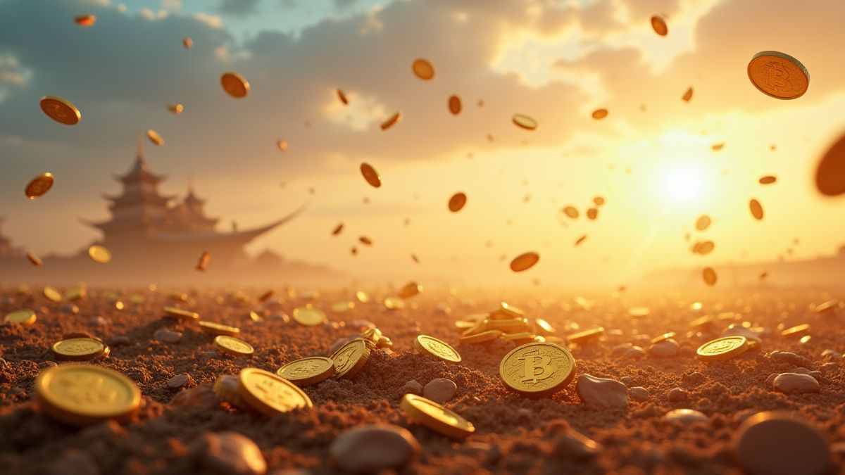 Münzen fallen vom Himmel auf ein Schlachtfeld.