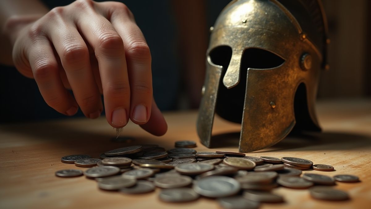 Mão colocando moedas ao lado de um capacete espartano.