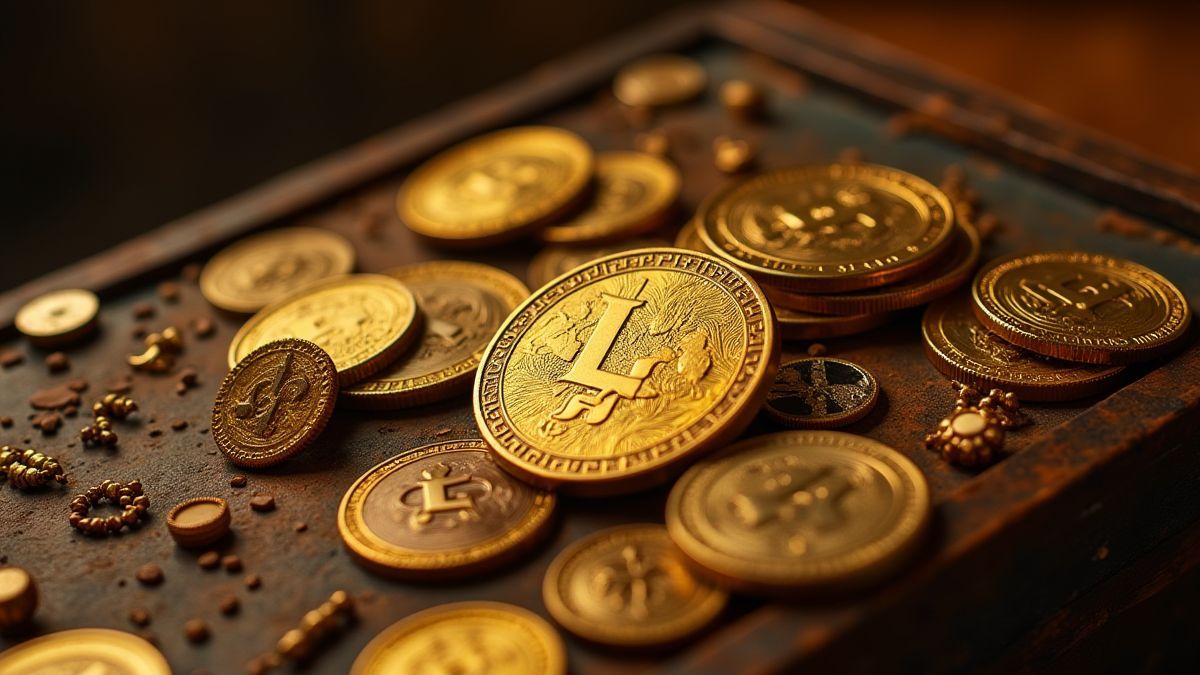 Goldmünzen und antike Artefakte in einer Schatztruhe verstreut.