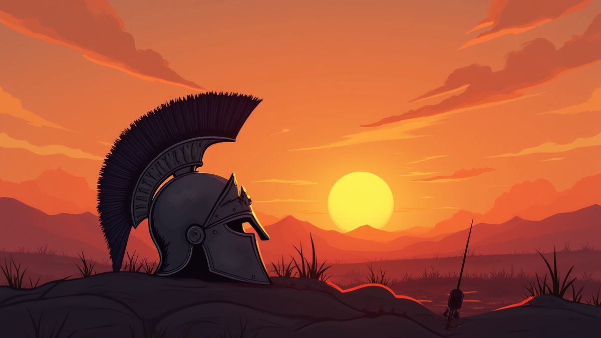 Casco espartano en un campo de batalla al atardecer.