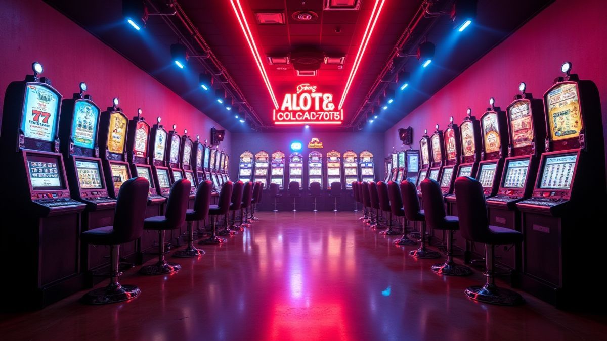 A casino stage with classic slot machines and neon lights.