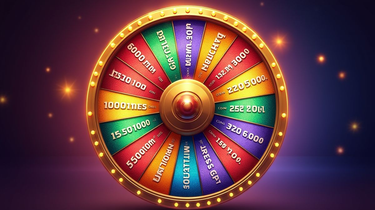 A fortune wheel with bright segments and coin prizes.