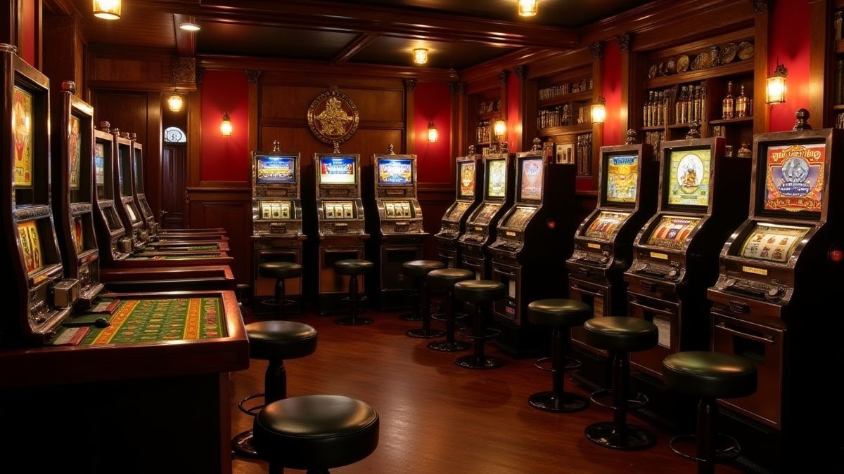 A casino corner with vintage slot machines and wooden decor.