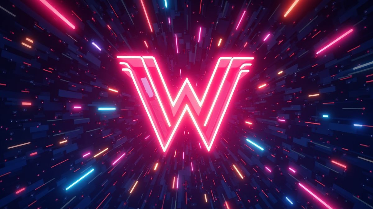 Symbole 'W' brillant entouré de lumières néon et de motifs géométriques