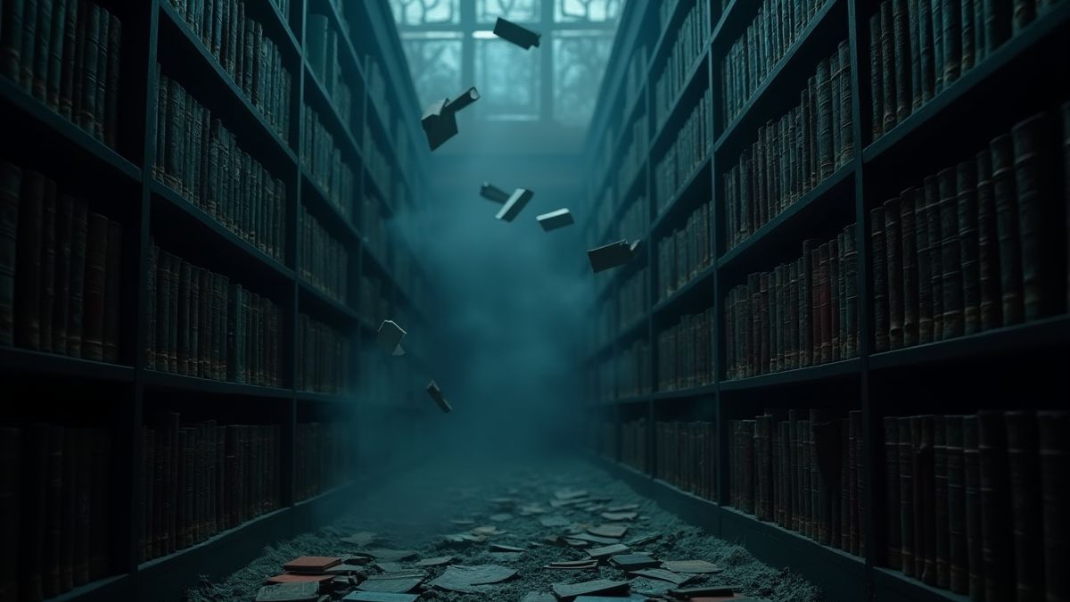 Uma biblioteca assustadora com livros flutuantes e luzes tenues.