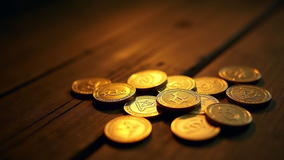Moedas de ouro espalhadas sobre uma mesa de madeira com iluminação misteriosa.