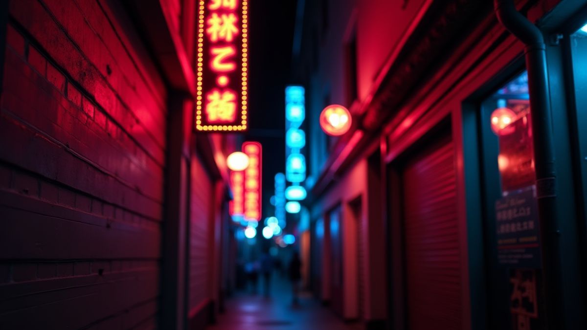 Close-up view of neon signs in a dark alley