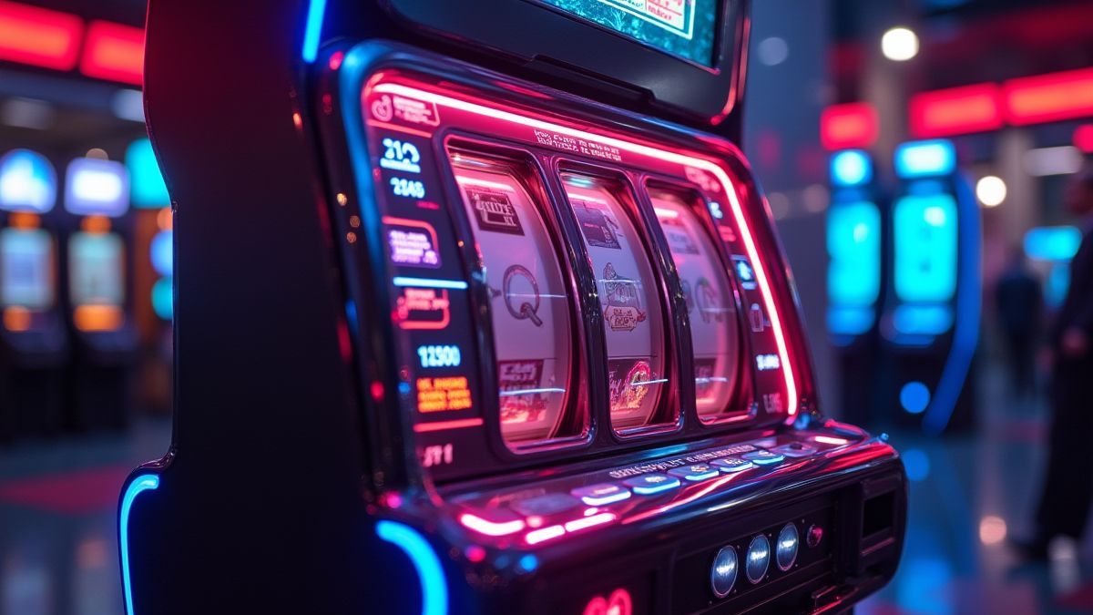 Futuristic slot machine illuminated by neon lights