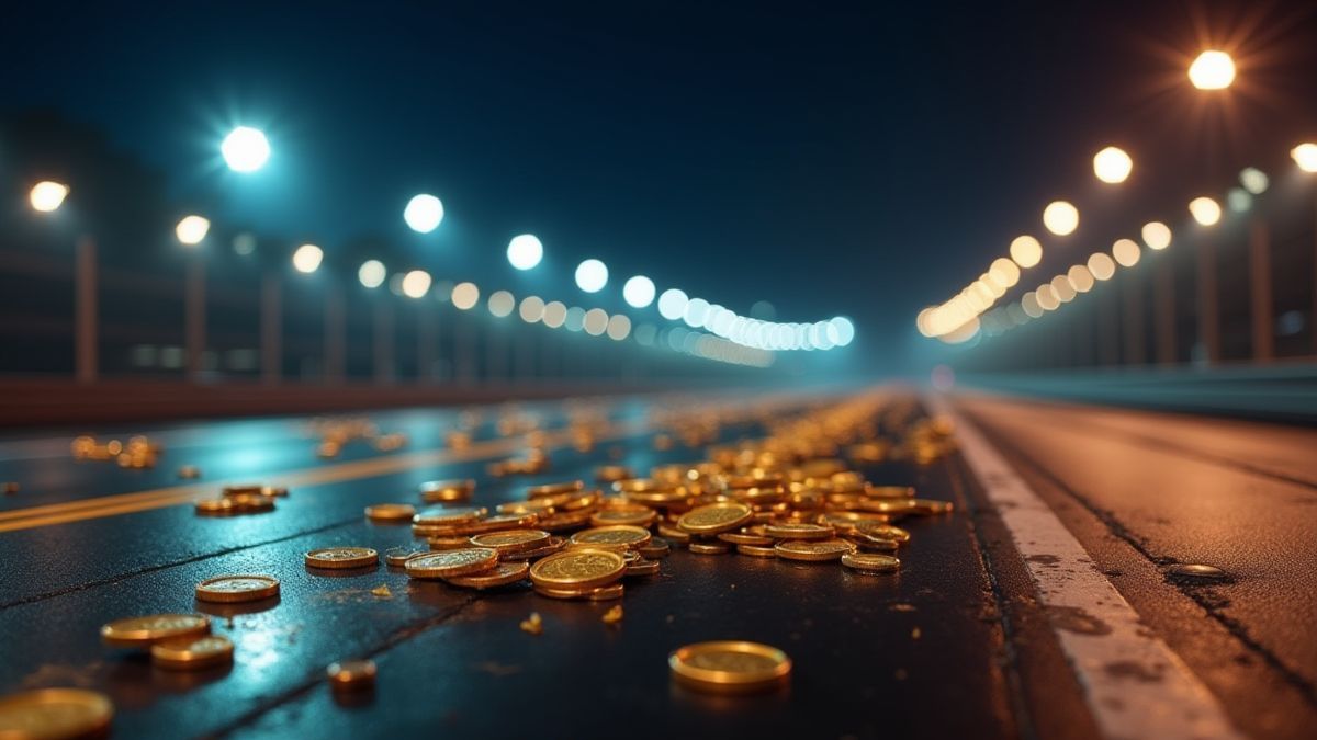 Racing track illuminated with gold coins scattered.