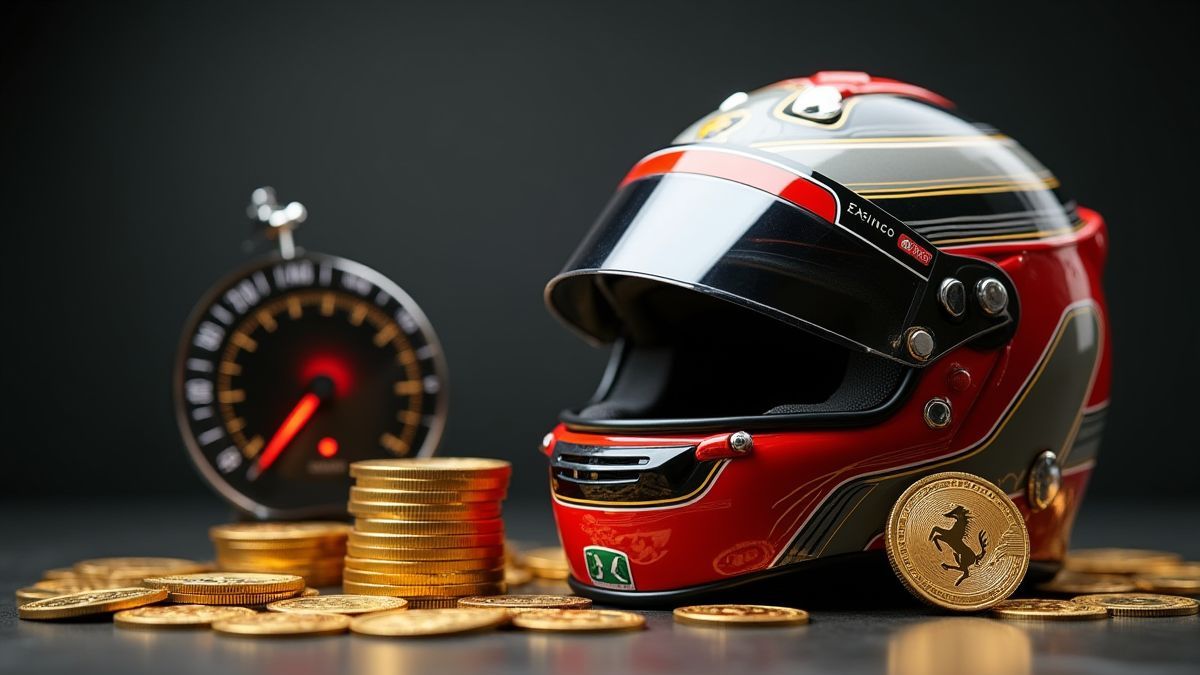 Racing helmet next to coins and speedometer.