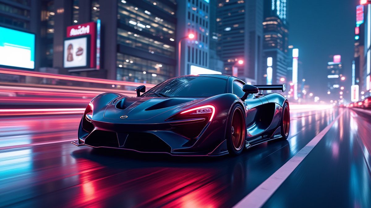 Un coche deportivo corriendo por una ciudad iluminada con luces neón