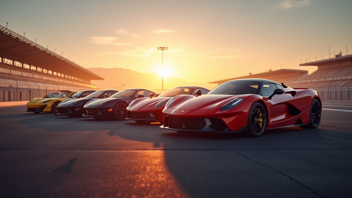 Coches de lujo en un circuito de carreras al atardecer