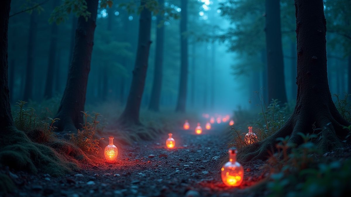 A mystical forest with glowing magical potions.