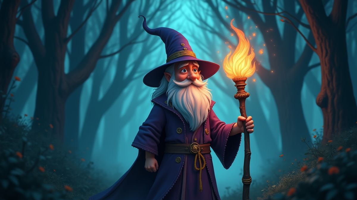 A wizard holding a glowing staff in a magical forest.