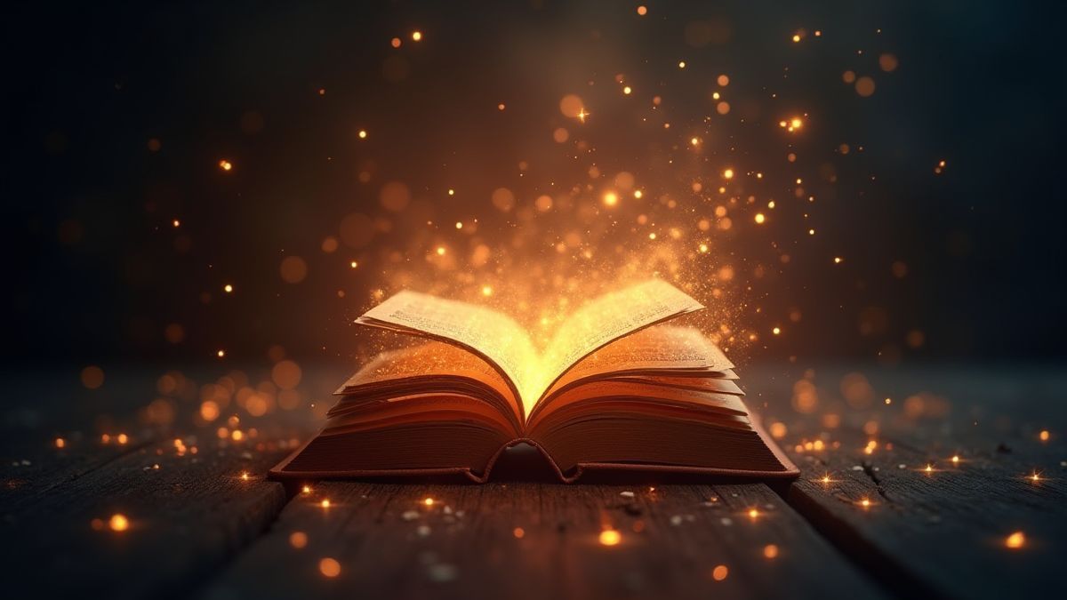 A glowing magical book floating in the air.